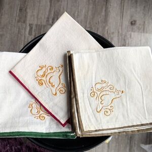 Embroidered White Linen Napkins with Colored Trim